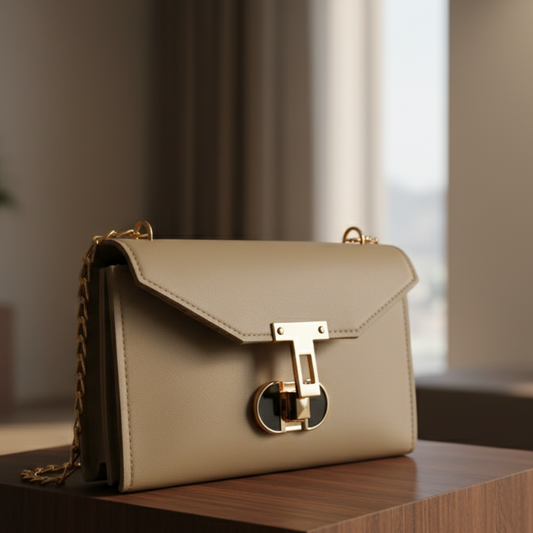 Beige handbag with gold accents on a wooden surface in a blurred indoor setting